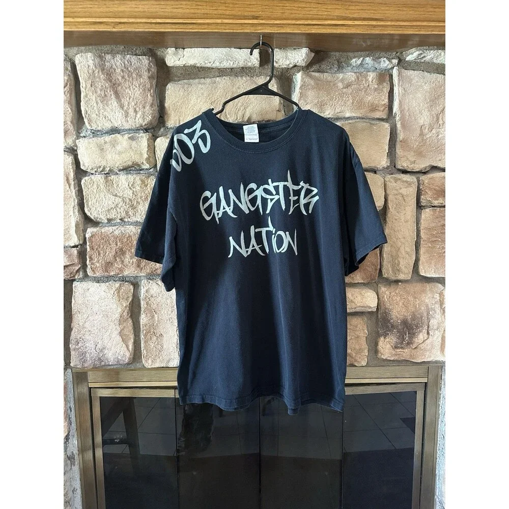 VTG Y2K Gildan Gangster Nation 303 Black Graphic T Shirt Graffiti Sz XL Mens